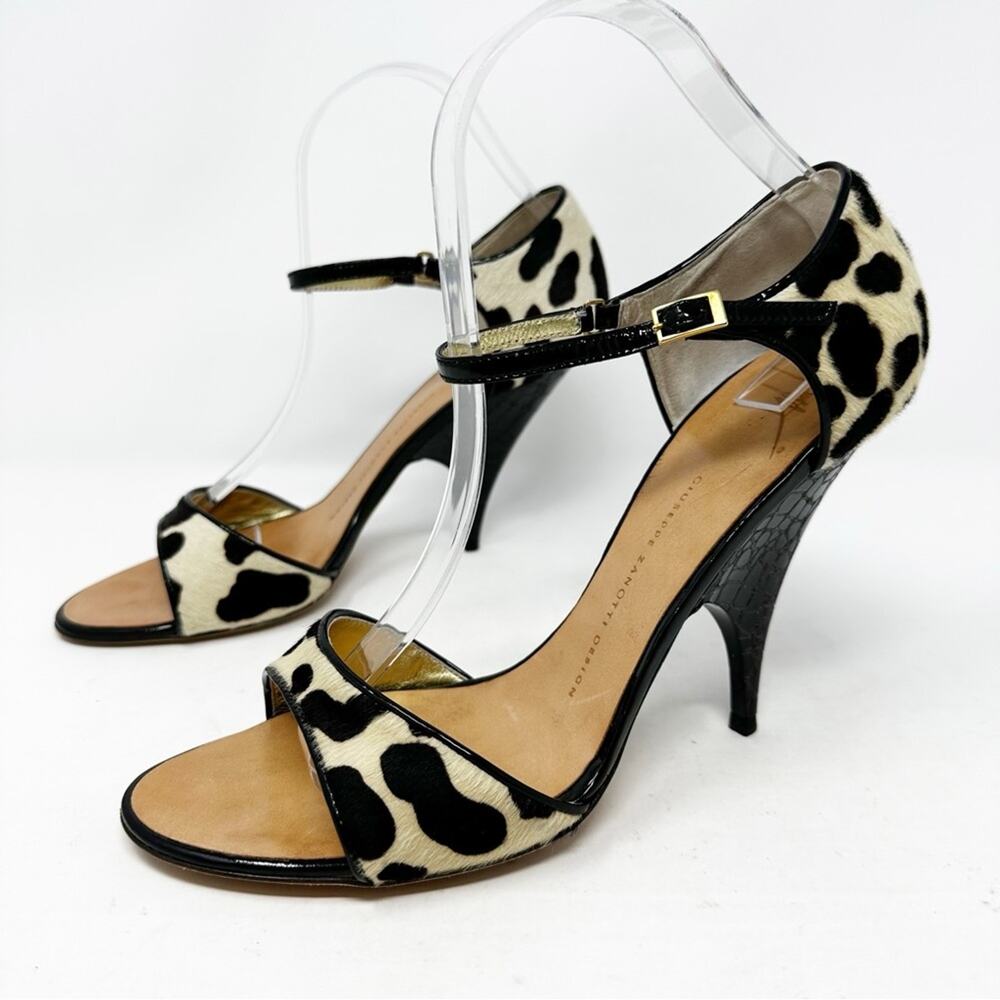 Giuseppe Zanotti Black White Pony Hair Ankle Strap Heels Womens Size 9.5